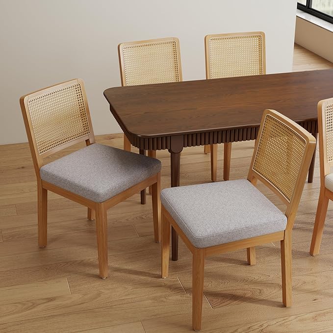 LukeAlon Set of 4 Mid Century Dining Chairs - Farmhouse Style with Woven Cane Back, Plush Chenille Upholstered Seats, Solid Wood Legs, Comfortable Kitchen & Dining Room Chairs, Grey