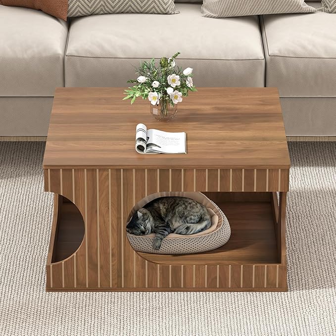 weselon 31.5" Square Coffee Table with Storage, Mid-Century Modern Center Table with Arched Cutouts and Carved Lines, 2-Tier Tea Table for Living Room, Cat-Friendly Base (Walnut)