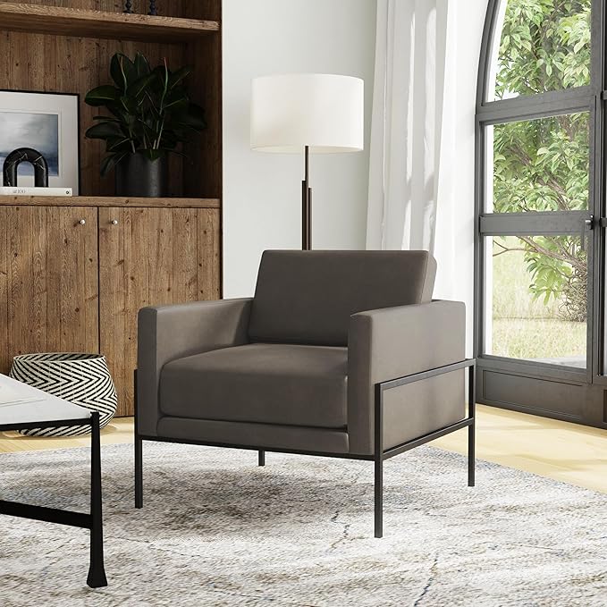 HomePop Modern Metal Frame Accent Chair|Homepop Home Décor|Accent Chairs for Living Room & Bedroom - Pewter Gray Faux Leather