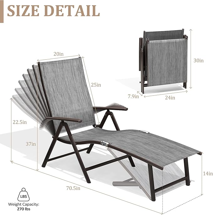 VredHom Patio Chaise Lounge Chair, Outdoor Adjustable Folding Lounge Chair, Recliner with 8 Adjustable Backrest Positions for Pool Beach Yard, Dark Gray Textliene & Brown Aluminum Frame