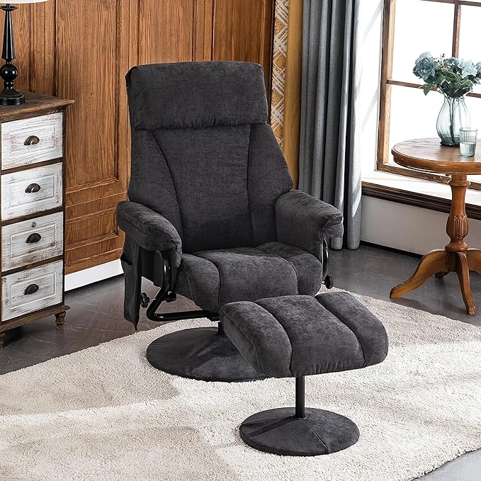 MCombo Swivel Recliner with Ottoman, TV Chair with Vibration Massage, Ideal for RV Small Space, Living Room & Bedroom 4539 4828 (Textile, Dark Grey)