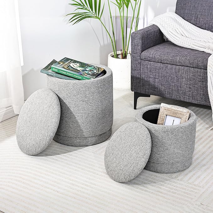 Homebeez Round Storage Ottoman Set of 2, Linen Cotton Fabric Stool with Removable Lid, Multifunctional Foot Rest Pouf for Living Room, Bedroom, Dorm, Supports 300 lbs, Gray