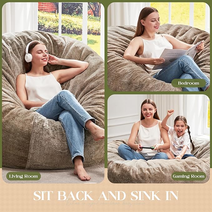 Hobestluk Bean Bag Chairs Giant Beanbag Chair with Filler, Memory Foam Bean Bags with Fluffy & Machine Washable Cover, Bean Bag Chairs for Aduts for Living Room, Bedroom (BROWN, 5FT - 50” x 50” x 24”)