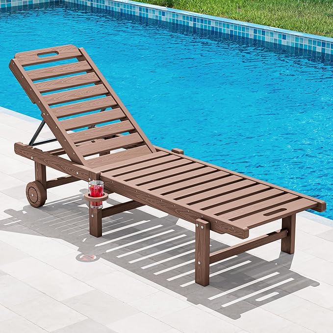 SERWALL Patio Chaise Lounge, HDPE Outdoor Lounge Chair with Cup Holder, 5 Positions Adjustable Poly Lounger with Rolling Wheels for Poolside, Deck, Sunbathing, Brown