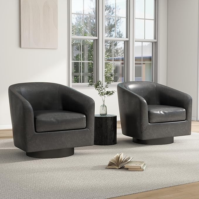 Swivel Barrel Chair, Modern Round PU Leather Accent Armchair for Living Room, Bedroom, Oversized Comfy Club Reading Chairs for Adults (Leather Black Grey, Set of 2)