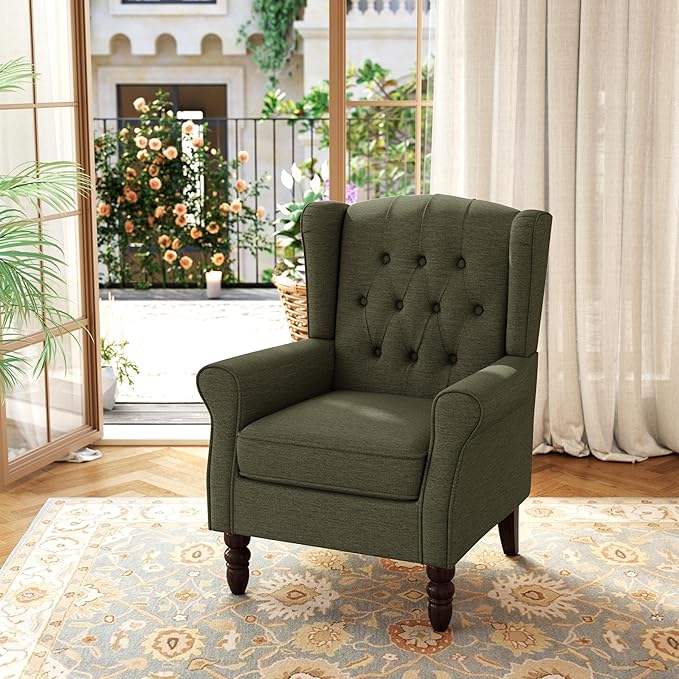 DREAMSIDEA Accent Chair, Upholstered Armchair with Button Tufted High Back & Solid Wood Legs, Comfy Wingback Reading Single Sofa Chair for Small Spaces, Living Room, Bedroom (Green, Set of 2)