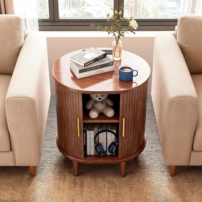 DHH Mid Century Modern Nightstand with Charging Station, Fluted Accent Side Table with Sliding Door & Adjustable Shelf, End Table for Small Space, Living Room, Bedroom,Sofa Couch (1, Walnut)