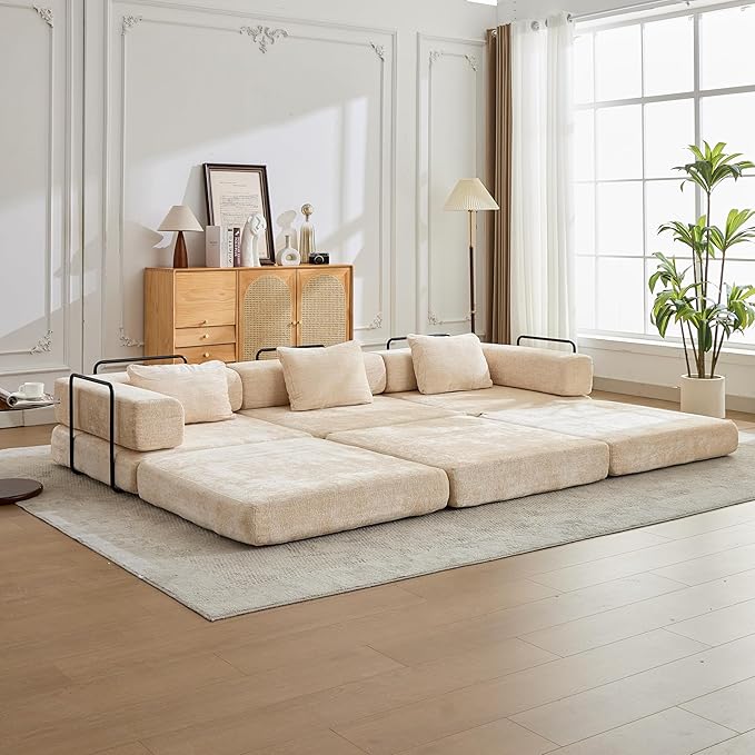6-in-1 Folding Convertible Sofa Bed, 118 Inch Boneless Couch with Fixed-Shape Frame, Chenille Sleeper Sofa with Pull Out Bed, Floor Sofa Modular Futon Couches for Living Room Bedroom Lounge (Beige)