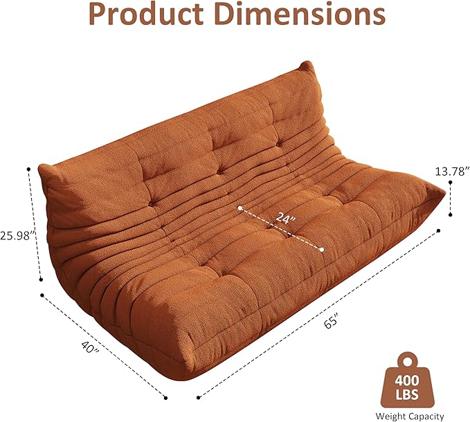 Bean Bag Chair, Oversized Bean Bag Chair for Living Room, Fireside Chair for Adults with Memory Foam Filled, Big Accent Lounge Floor Sofa for Reading, Relax, No Assembly Required. (Orange 3-Seater)