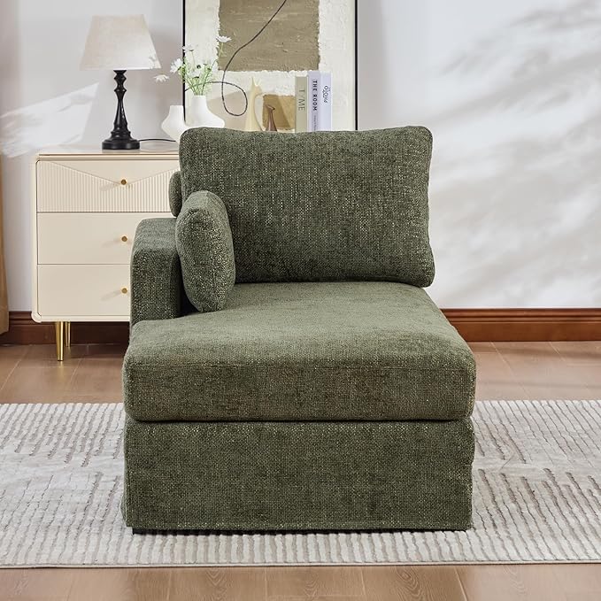 KEIKI 60" Chaise Lounge Chair Indoor, Modern Deep Seat Sofa Bed, Corduroy Couch with Cushions, Single Sleeper Chair for Living Room, Bedroom, Apartments, Green (Left Side)