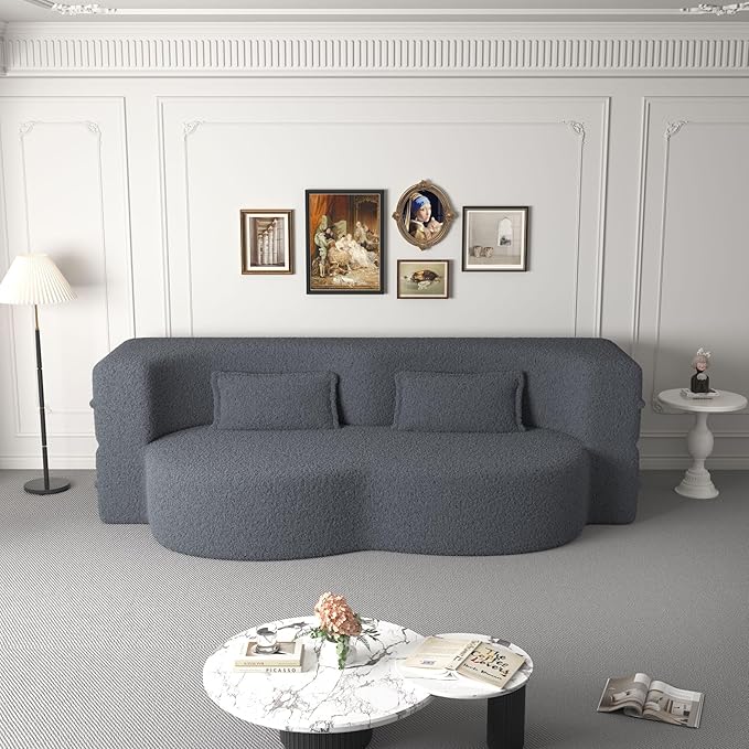 SZLIZCCC 78'' Modern Floor Sofa Bed, Convertible Teddy Fabric Sleeper with 2 Pillows, Modern Teddy Fabric Floor, Foam Folding Mattress for Living Room, Guest Bed, Playroom & Small Spaces (Grey)