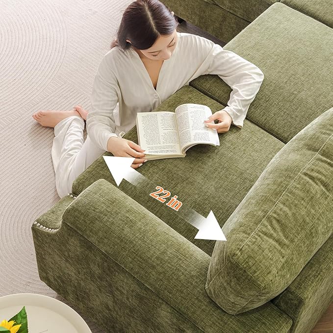 Rukefo 85" Sectional Sofa Couch with Storage Ottoman,L Shaped Couch with Armrest Organizer,3-Seater Sofa,Small Modular Couches for Living Room,Bedroom,Apartment,Chenille,Green