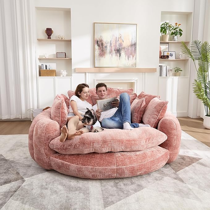 81" Oversized Bean Bag Chair Boneless Round Chaise Lounge Comfy Chenille Reading Chair Fluffy Plush Sofa Bed Large Deep Seat Circle Cloud Couch for Living Room, Bedroom, Apartment, Pink