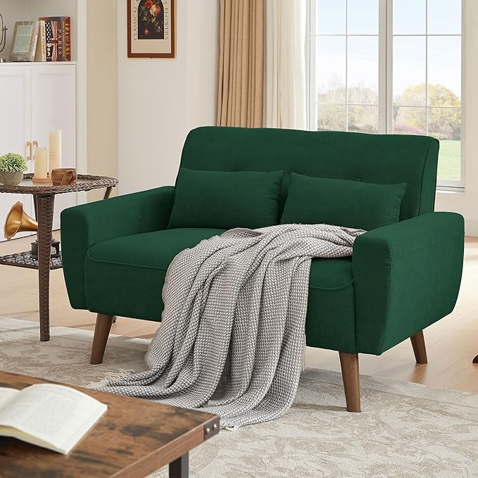 48" Loveseat Sofa, Mid Century Modern Small Couches for Living Room Bedroom Apartment, 2 Seater Love Seat, 2 Throw Pillows and Plastic Legs, Green
