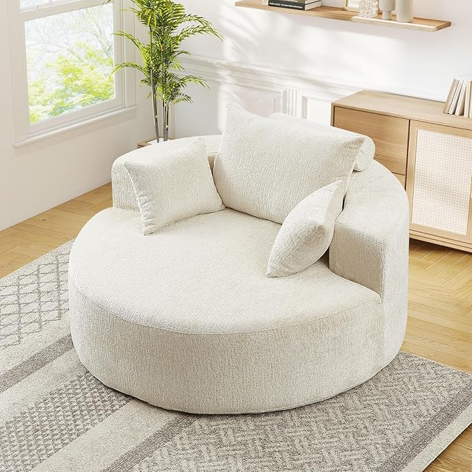 JEEOHEY Modern Round Accent Sofa Chair for Living Room, Upholstered Chenille Barrel Lounge Arm Chair with Large seat&Throw Pillows for Bedroom, Office, Apartment, Beige