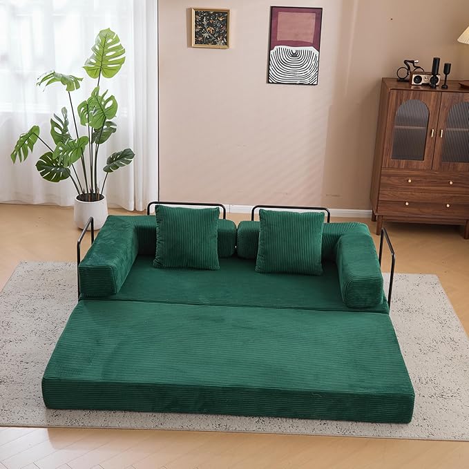 Floor Couch with Pillow Back Support and Armrest, Convertible Sofa Bed for Living Room or Bedroom, Corduroy Fabric Comfort Sleeper