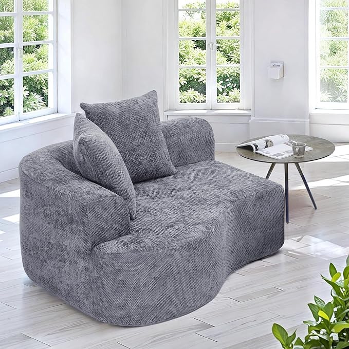 L Shaped Single Sofa, Modern Comfy Chenille Fabric Loveseat Couch, No Assembly Required Small Couch with Deep Seat, 2 Pillows for Living Room, Apartment, Bedroom