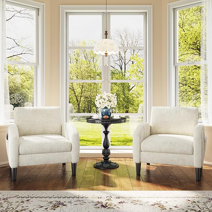 Accent Chair for Living Room,Comfy Reading Chair for Bedroom,Mid Century Modern Chair with 2 Side Pockets,Upholstered Armchair for Apartment,Small Room,Beige