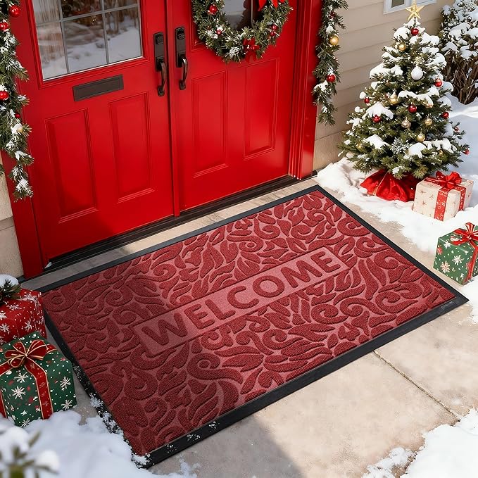 Yimobra Large Welcome Mat 47x32, Waterproof Non-Slip Outdoor Mats for Front Door Outside Entrance, Low-Profile Entryway Mat Indoor for Garage Patio, Wine Red