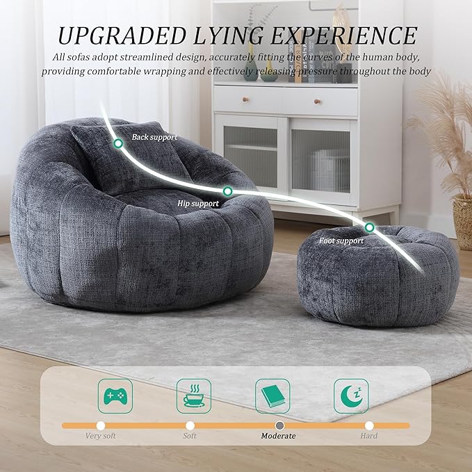 HOMEFLEX Modern Bean Bag Chair for Adults, Comfy Reading Nook Seating with Pillow, Round Chairs with Ottoman, Leisure Single Sofa, Ideal for Living Room, Bedroom, Apartment (Gray)
