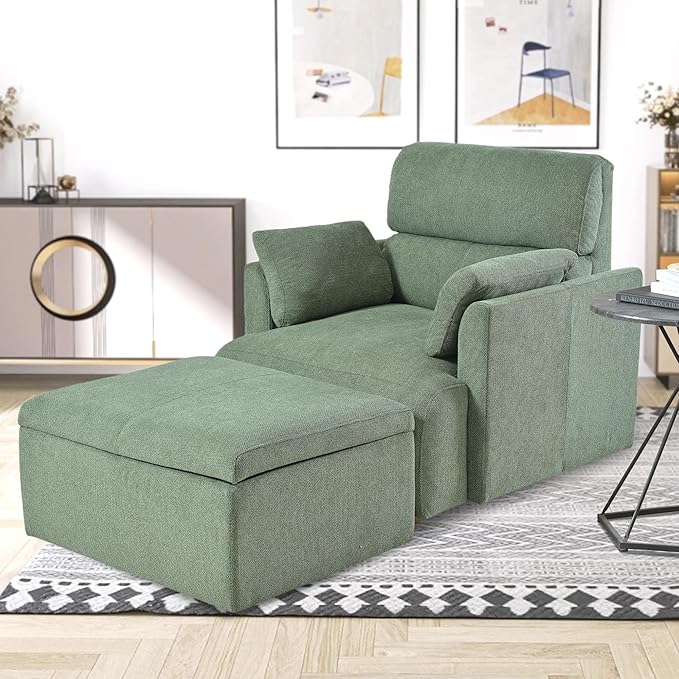 Snowflake Fleece Oversized Accent Chair with Storage Ottoman - 26.57" Wide Deep Seat Reading Chair, Convertible Daybed, 400lbs Capacity for Living Room & Apartment (Green)