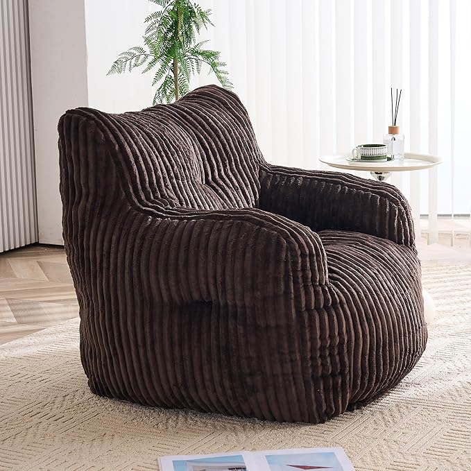 GDFStudio 37" Bean Bag Chair Oversize Bean Bag Lazy Floor Sofa with Back Support Comfy Corduroy Memory Foam Chair with Armrest for Living Room Bedroom, Brown