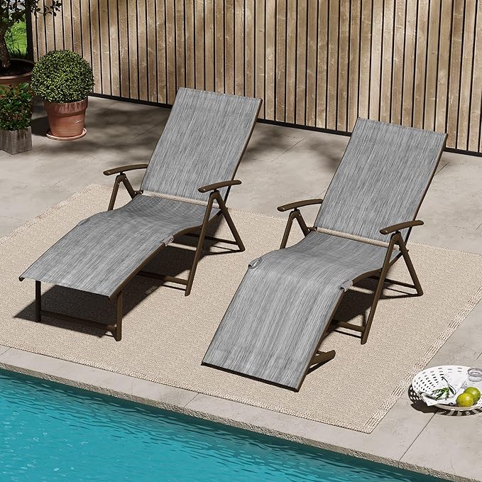 VredHom 4PCS Patio Chaise Lounge Outdoor Folding Adjustable Lounge Chair Recliner with 8 Adjustable Backrest Positions for Pool Beach Yard, Dark Gray Textliene and Brown Aluminum Frame