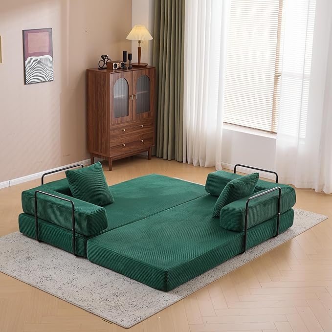 77" Convertible Foldable Floor Couch, 3-Seat Futon Sleeper Sofa for Living Room, Bedroom, or Apartment, with Pillow Backrest and Armrests, Corduroy Fabric, No Assembly Required, Dark Green