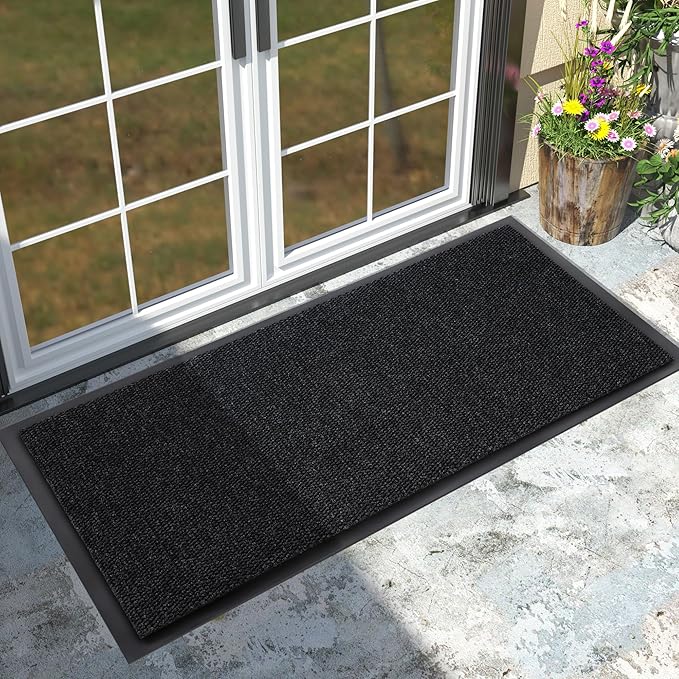 Yimobra Doormat Outdoor Indoor Entrance 47 x 24, All-Season All-Weather Front Door Mat, 100% Waterproof Welcome Matt for Floor Garage Outside Entry, Stain and Fade Resistant,Black Grey