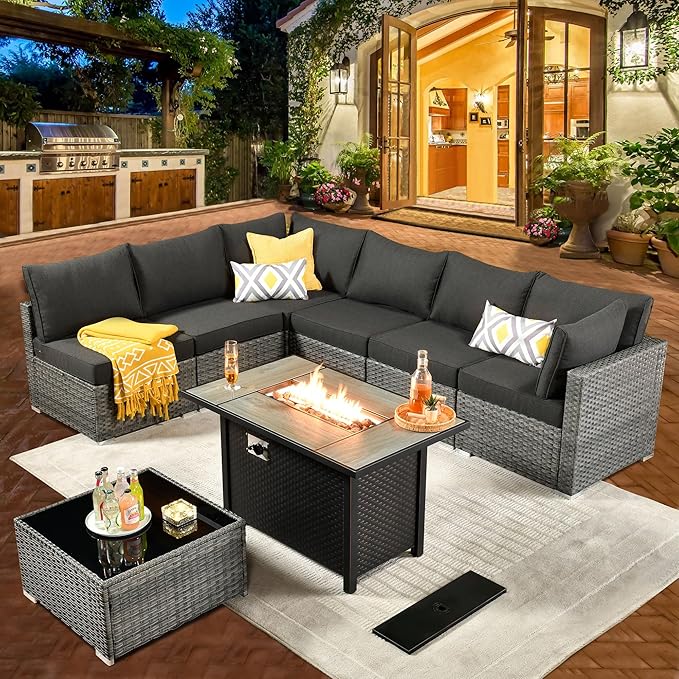 ovios Outdoor 8 Piece Patio Furniture Set with Fire Pit Table,Conversation Sectional Wicker Couch with Coffee Table,Modern Outside Sofa for Balcony Backyard, Black