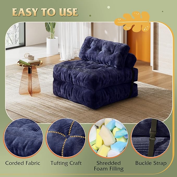 WLIVE Sofa Bed, Bonless Couch, Bean Bag Chairs for Adults, Pull Out Couch, with Pillow, for Living Room Dorm Bedroom, Navy Blue