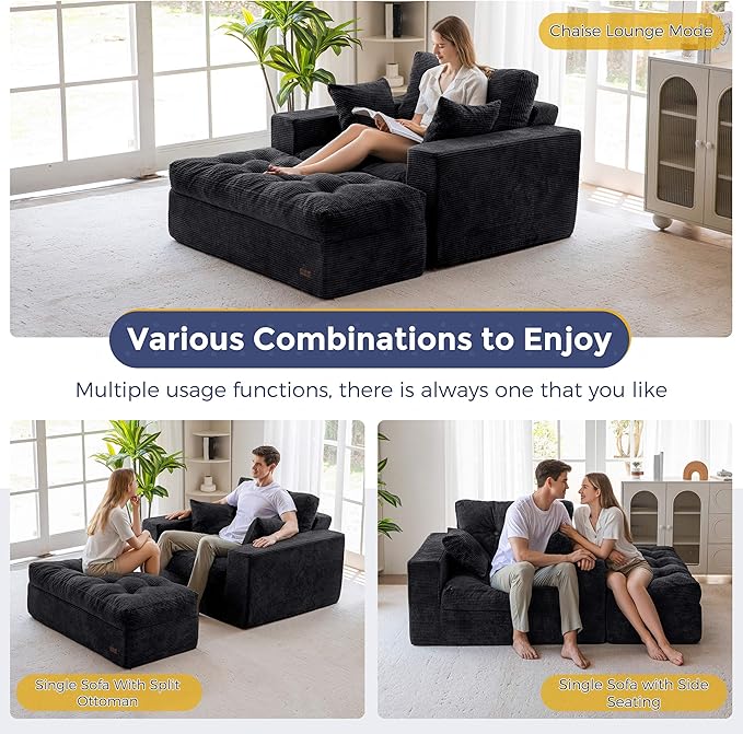 MAXYOYO Oversized Chaise Lounge Sofa, Upholstered Lounge Chair with 3 Pillows, Tufted Boneless Sofa Couch with Ottoman, Deep Seat Sleeper Chair for Living Room, Bedroom, No Assembly, Black
