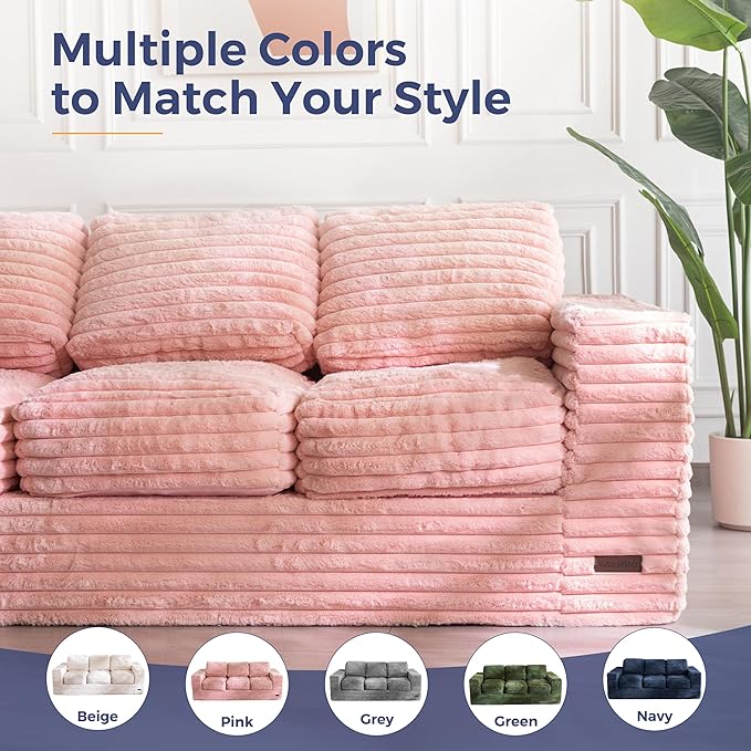 MAXYOYO 3-Seater Boneless Sofa Couch in a Box, Modern Faux Fur Sofa for Living Room, Soft High-Density Foam Couch with Pillows, Fluffy & Supportive Chair Lounge, No Assembly Required, Pink