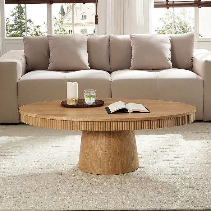 Coffee Table Modern Oval Wood Coffee Tables Mid Century Center Fluted Farmhouse Drum Tea Boho Wooden for Living Room Apartment Home Office Oka 47.24" W x 26.77" D x 15.86" H