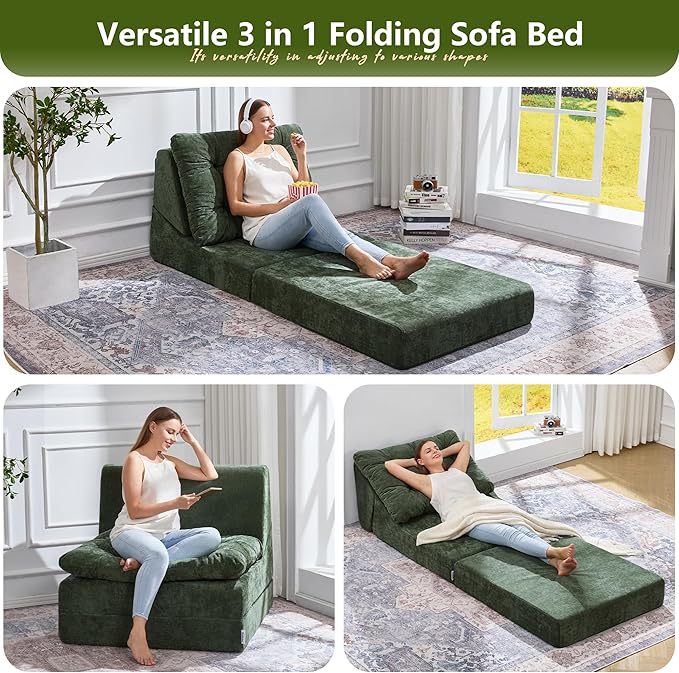 Hobestluk Sofa Couch Folding Sofa Bed Comfy Floor Lounger Convertible Sofa with Removable Cushion Couches for Small Spaces Foldable Mattress for Living Room Bedroom or Office (Chenille Green, Large)
