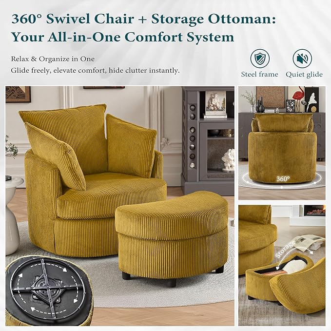 Chorlenimi Swivel Accent Chair Round Barrel Armchair Upholstered Living Room Chair Corduroy Reading Chair Single Sofa Chair for Bedroom Apartment Office (Yellow, Upgrade 1Seater+ Ottoman)