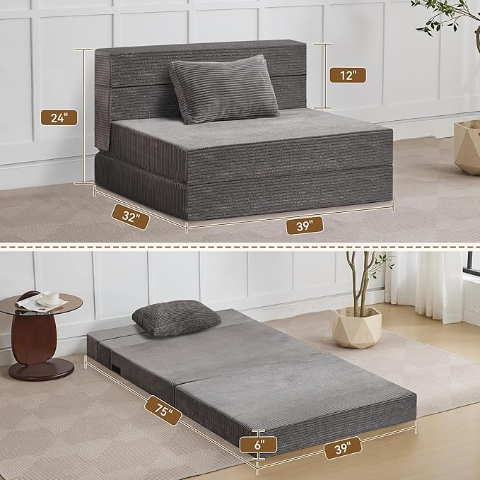 Folding Sofa Bed Convertible Floor Couch Foldable Chair Bed with Pillow，Linen Sleeper Chair Futon,Foldable Memory Foam Mattress for Bedroom/Living Room/Dorm/Office (Corduroy Grey, Standard)
