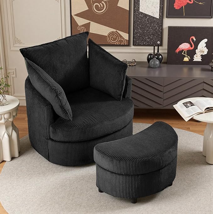 Chorlenimi Swivel Accent Chair Round Barrel Armchair Upholstered Living Room Chair Corduroy Reading Chair Single Sofa Chair for Bedroom Apartment Office (Black, Upgrade 1Seater+ Ottoman)