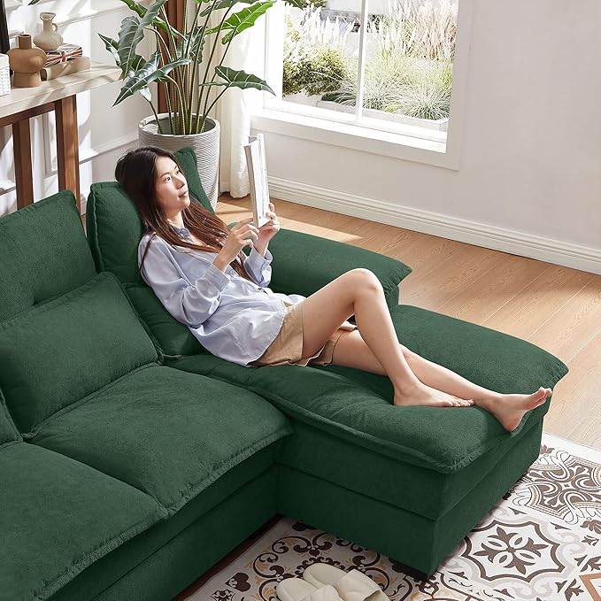 Jarenie 110" Convertible Sectional Sofa, U Shape Cloud Couch, Comfy Couches with Double Chaise and Sleepable Armrests, 4 Seats Sectional Couches for Living Room, Green