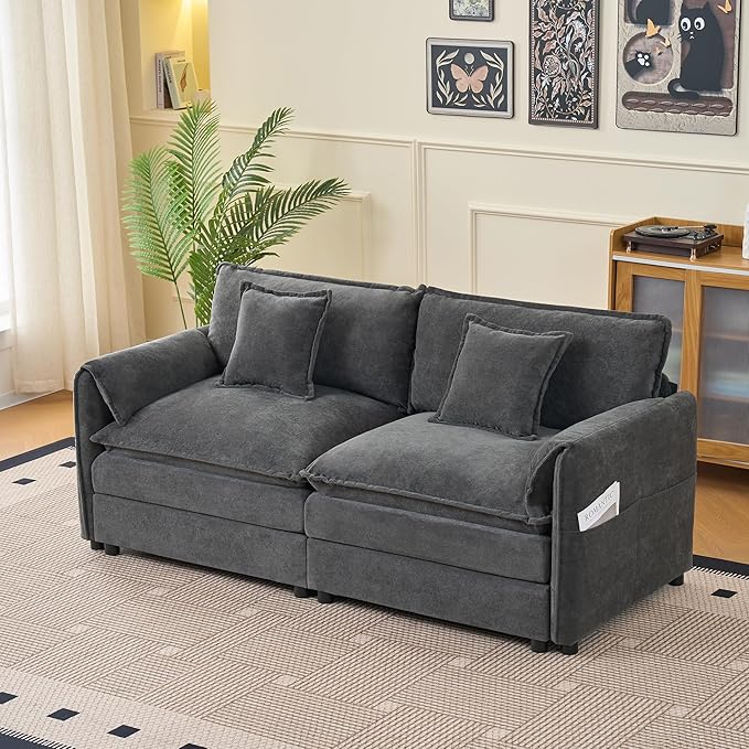 RENDGO 109" Modular Sectional Sofa with 1 Ottoman, Chenille Cloud Couch for Living Room & Apartment, Deep Seat Comfort, Flexible L-Shape Combination Sofa for Home & Office,Grey