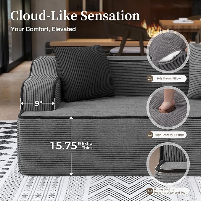 SUNSHINE VALLEY Cloud Sectional Couch for Living Room, 104'' L-Shaped Modular Sofa with Chaise, Modern Corduroy Boneless Couch with Deep Seat, No Assembly Required, Grey