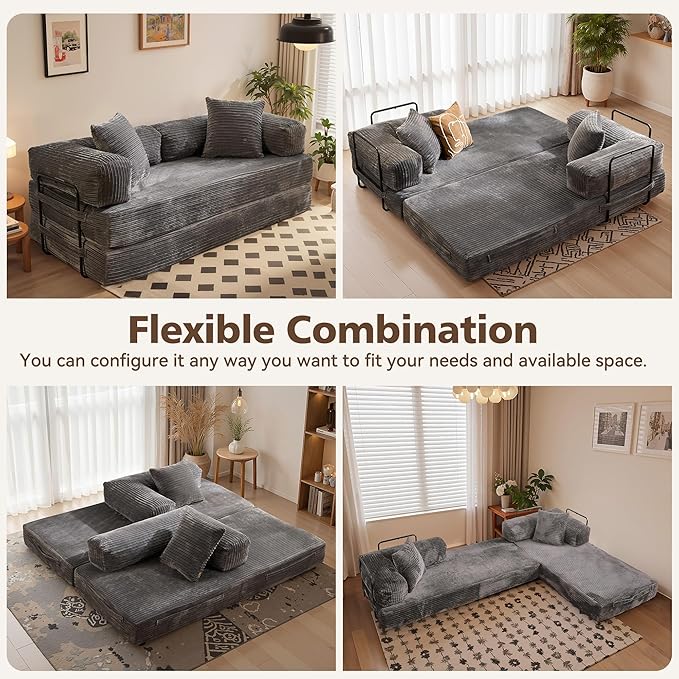 4-in-1 Folding Sofa Bed, 78" Oversized Corduroy Sleeper Chair, Convertible Loveseat to Floor Bed with Storage Pockets, Boneless Design for Living Room, Bedroom & Small Spaces