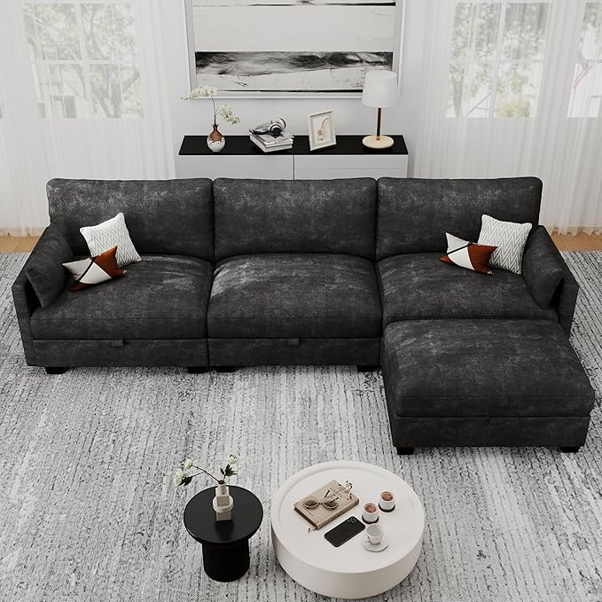 Modular Sectional L Shaped Sofa Couches for Living Room, Cloud Couch with Storage Ottoman, Comfy Chenille Sofa with Pillow, Black