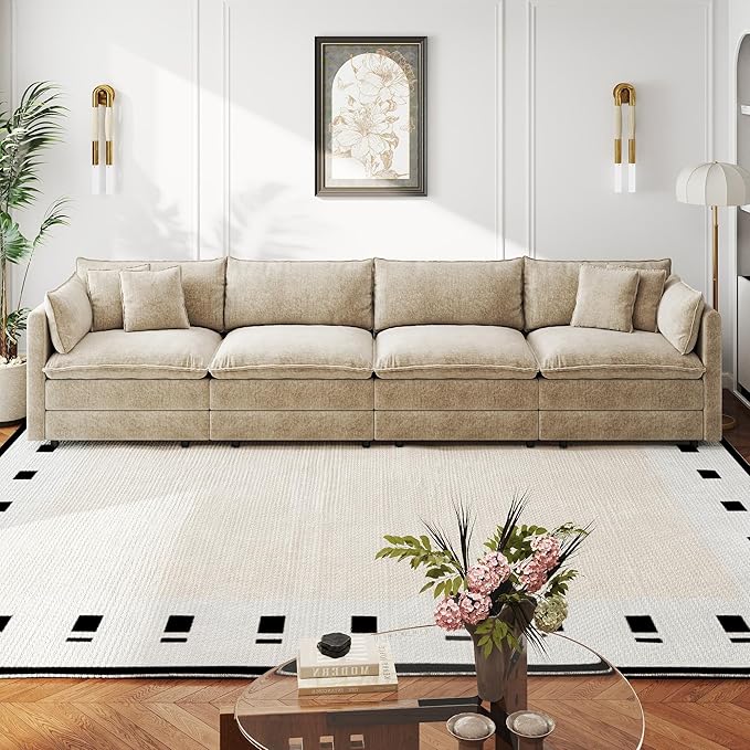 Aoowow Modular Sectional Sofa,147.2 Inch Modern Deep 4-Seater Sofas Comfy Chenille Cloud Sofas and Couches with Pillows for Living Room Apartment（Camel）