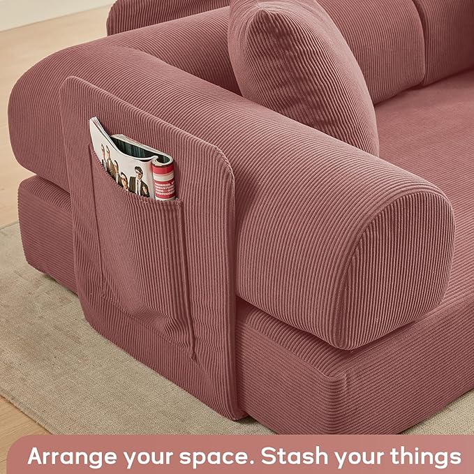 L Shaped Convertible Modular Boneless Sofa Bed with Cylindrical Pillow, Corduroy Folding Floor Sofa Couch Bed with Fixed-Shape Frame & Storage Pocket for Living Room, Pink