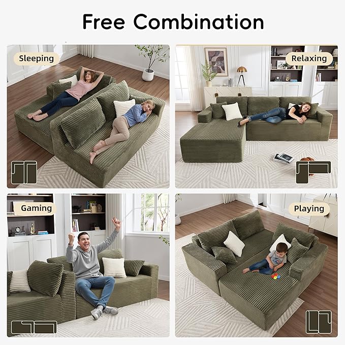 Opiesit 108" Boneless Couches for Living Room, Modular Sectional Sofa with Oversized Chaise, L-Shape Cloud Couch with Deep Seat, High-Density Memory Foam, No Assembly Required, Plush Corduroy Green