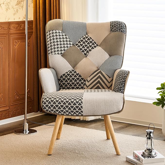 Accent Chair, Living Room Chair, Modern High Back Armchair, Colorful Patchwork Reading Chairs for Bedroom, Lounge Chair with Linen Fabric Shell and Solid Wood Feets (1, Gray)