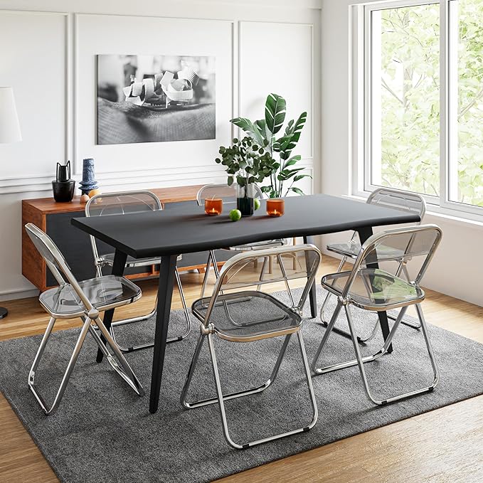 LeisureMod Lawrence Modern Clear Acrylic Folding Chair with Metal Frame, Space-Saving Transparent Seating for Dining Room, Home Office, Bedroom, Vanity or Small Spaces, (Transparent Black, Set of 2)