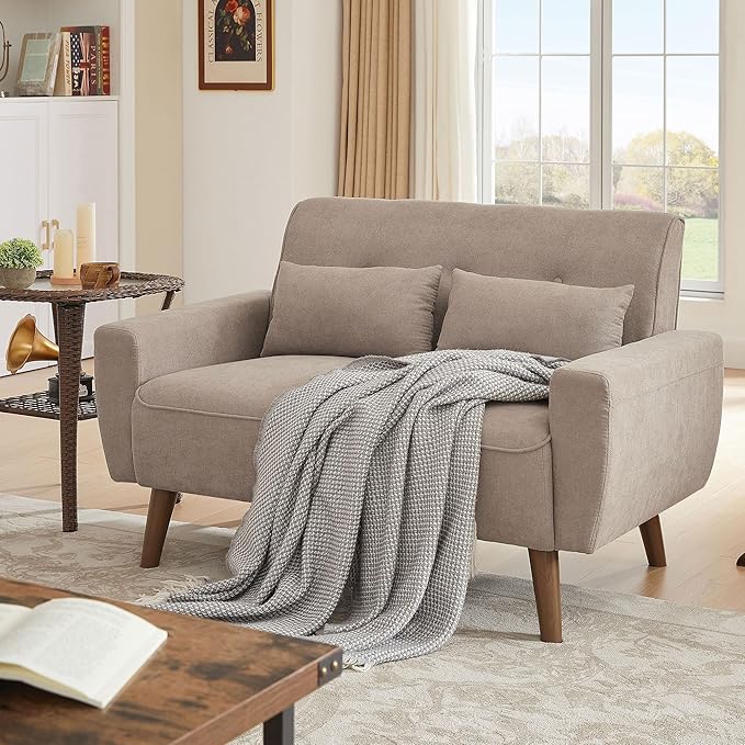48" Loveseat Sofa, Mid Century Modern Small Couches for Living Room Bedroom Apartment, 2 Seater Love Seat, 2 Throw Pillows and Plastic Legs, Beige