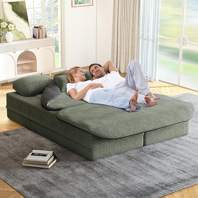 Antetek Convertible Sleeper Sofa, Modern Folding Futon Corduroy Floor Foam Compression Loveseat Sofa Bed Couch, Foldable Full Size Guest Bed with 4 Pillows for Living Room Bedroom Apartment, Green